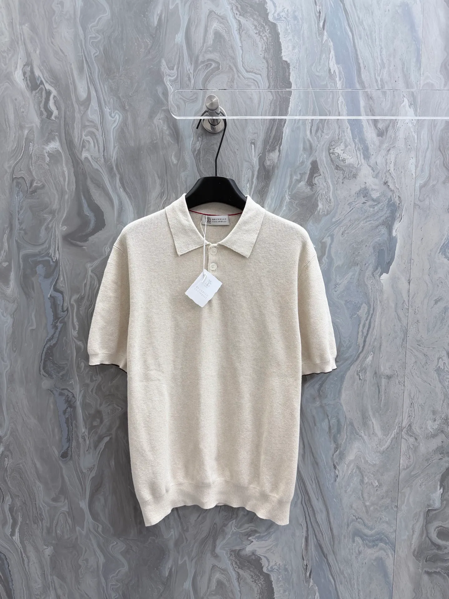 BC 26New Arrival Spring and Summer Series beige ingot stitch polo collar knitted T-shirt short sleeve, high version. Size: S.M.L.XL.
